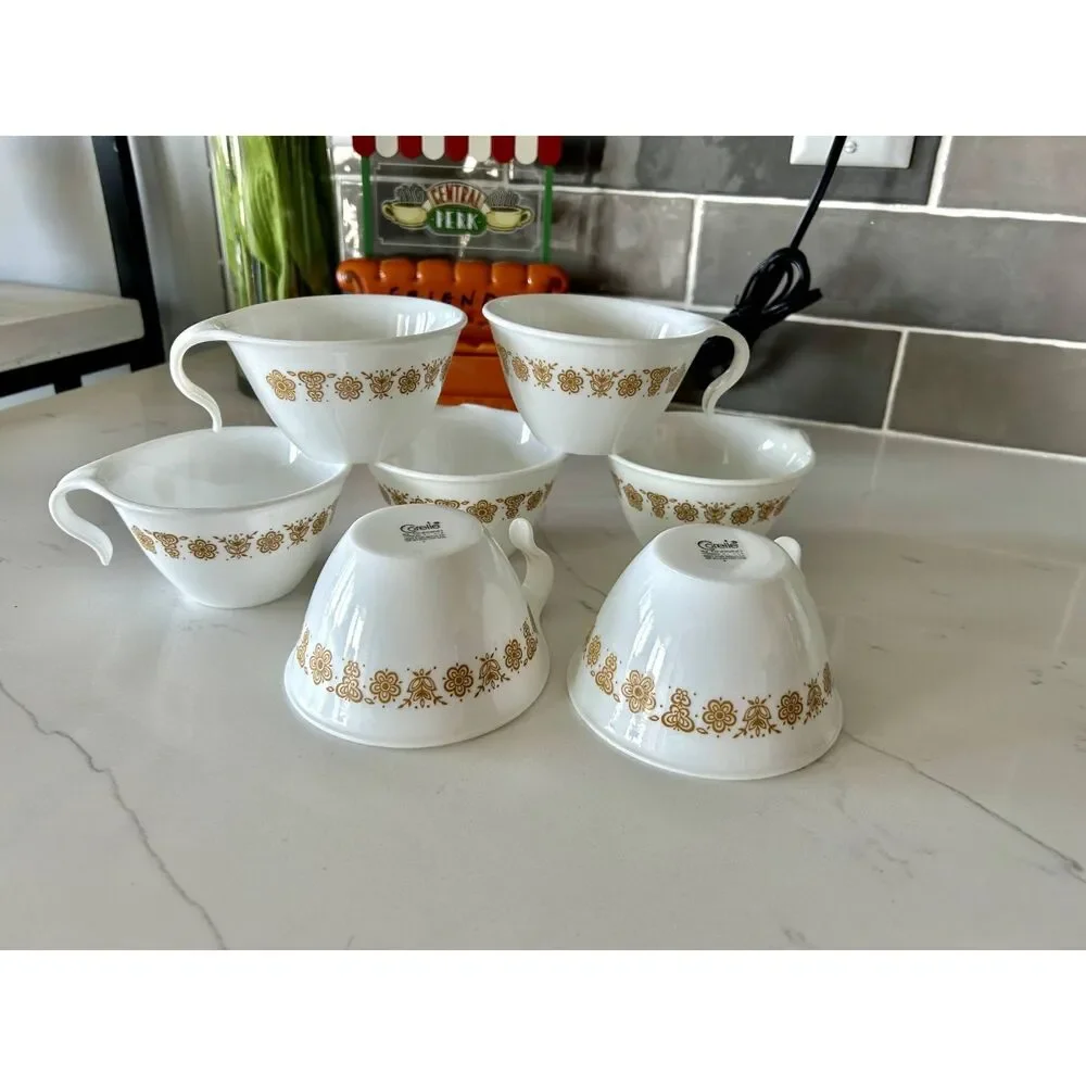 VINTAGE Corelle Livingware by Corning Butterfly Gold Open Hook Handle Mugs 1970s